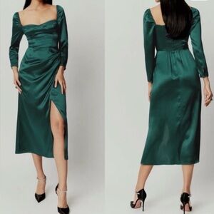 Reformation Green Gloriana Silk Long Sleeve Midi Bustier Dress Size 0 Side Slit